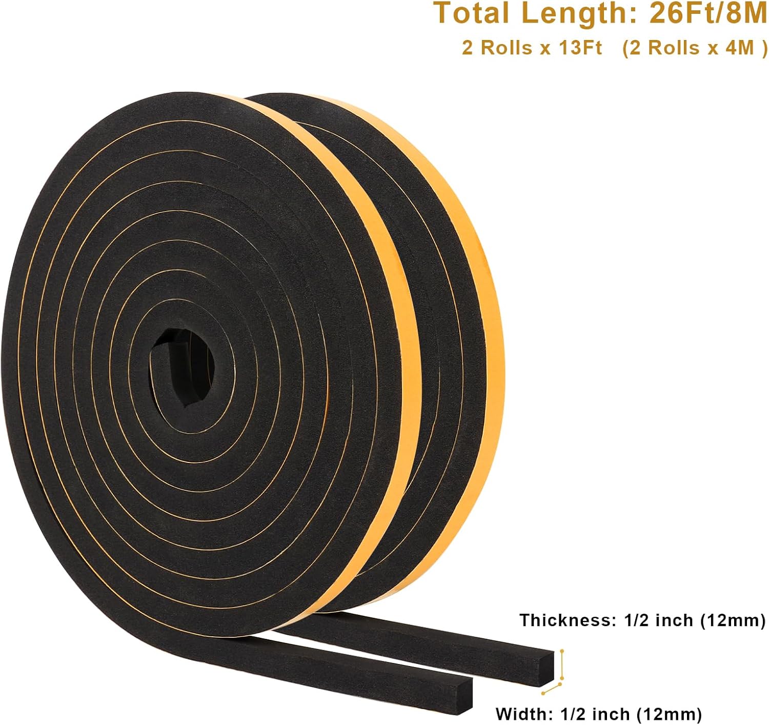 Weather Stripping Soundproof, 1/2 in x 1/2 in High Density Foam Insulation Tapes, Weatherproof Seal Strip Weatherstrips for Windows Sliding Doors, 2 Rolls Total 26Ft