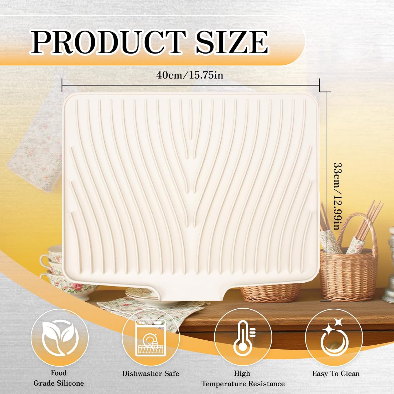 RoseFlower Dish Drying Mat, Large 15.7" x 13" Silicone Dish Mat Drying Kitchen Mat, Faucet Mat for Kitchen Sink, Dish Drying Mats for Kitchen Counter, Refrigerator or Drawer Liner - White