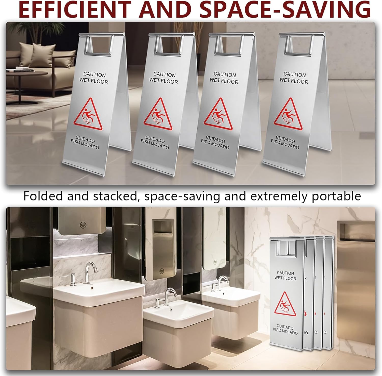 4 Pcs Stainless Steel Wet Floor Caution Sign, 24 Inch Portable Handle Bilingual Signaboard, Commercial Use Foldable Wet Floor Sign for Kitchen, Restaurant, Shop, Silver