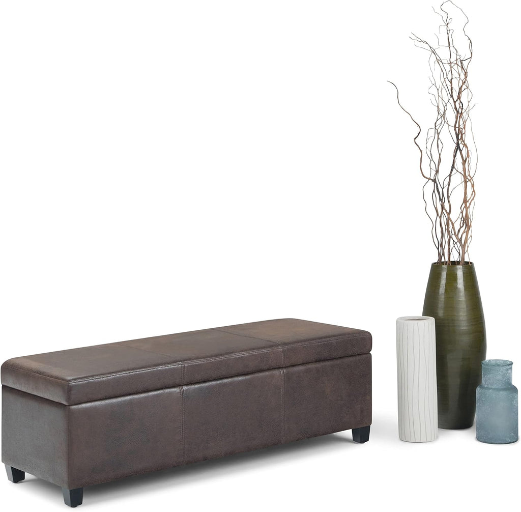 SIMPLIHOME Avalon 48 inch Wide Contemporary Rectangle Storage Ottoman Bench in Distressed Brown Vegan Faux Leather, Assembled, for the Living Room, Entryway and Family Room