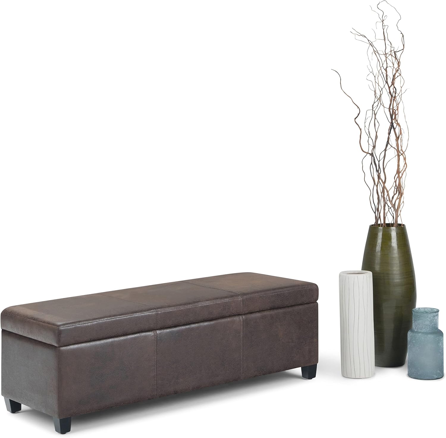 SIMPLIHOME Avalon 48 inch Wide Contemporary Rectangle Storage Ottoman Bench in Distressed Brown Vegan Faux Leather, Assembled, for the Living Room, Entryway and Family Room