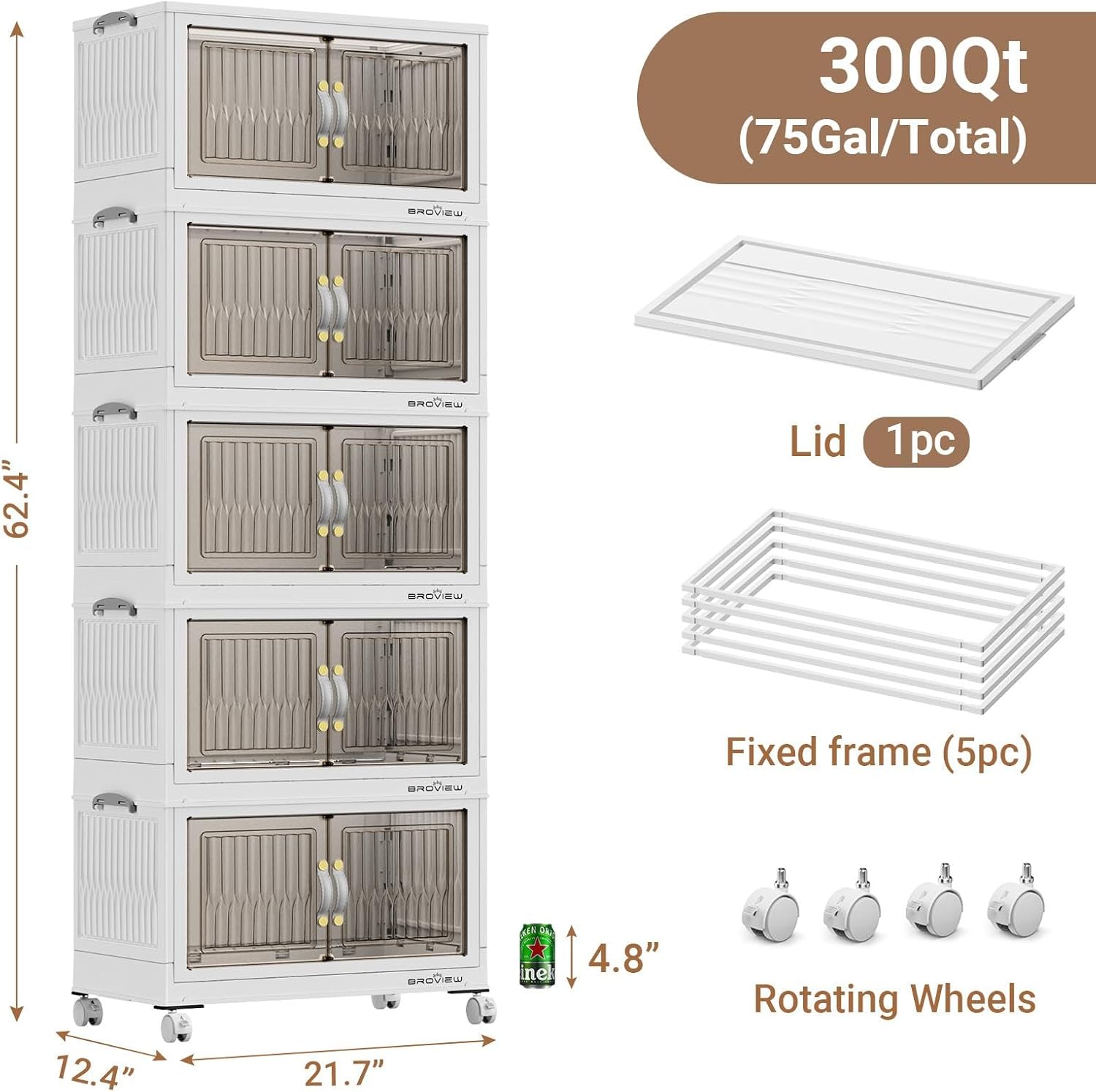 BROVIEW 300Qt Stackable Storage Bins with Lid, Extra Large Closet Organizer Collapsible Drawer Boxes with Wheels, Folding Plastic Cabinet Containers for Home Kitchen Room Organization, 5Pack White