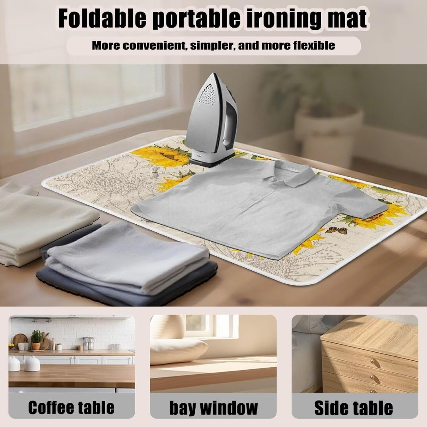 Sunflower Ironing Mat Pad for Table Portable Travel Iron Blanket Vintage Ironing Board Covers Tribal Pressing Mat Heat Press Pads 32x16 Inches,Yellow