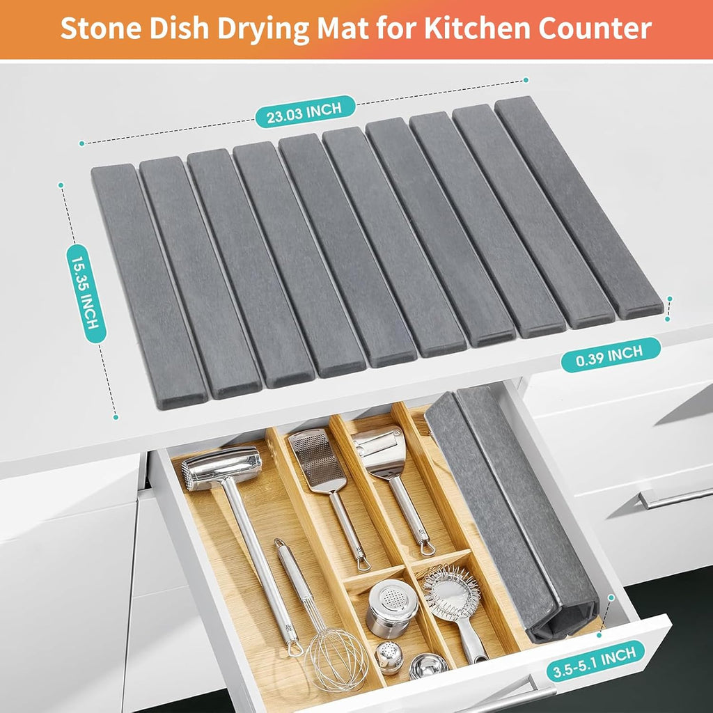 Diatomaceous Stone Dish Drying Mat - 24x16In Large Quick Dry Water Absorbing Mat for Kitchen Counter, Non-Slip Heat Resistant Dish Drying Pad