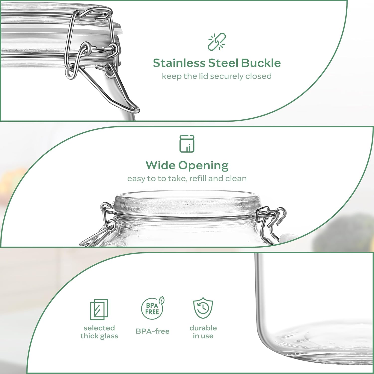 Glass Food Storage Jars with Airtight Lids 34 oz Square 4 Pack Kitchen Storage Containers Large Cabinet Canisters Sealed Pot Canning for Pasta, Cereal, Coffee, Beans, Spice