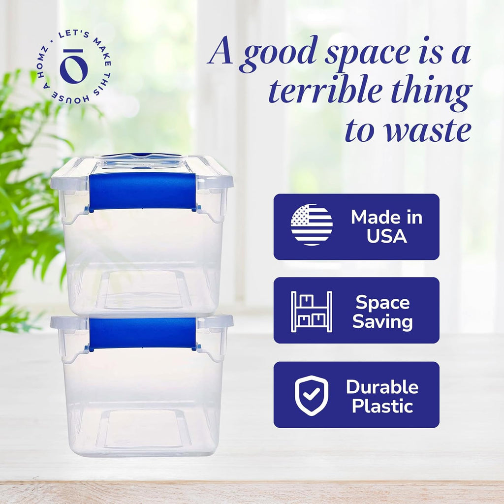 HOMZ 5-Pack Latching Lid, Clear Plastic Storage Organizer Bins, 7.5 Quart, Blue Latch - Stackable Organizing Containers for Home, Garage, and Office