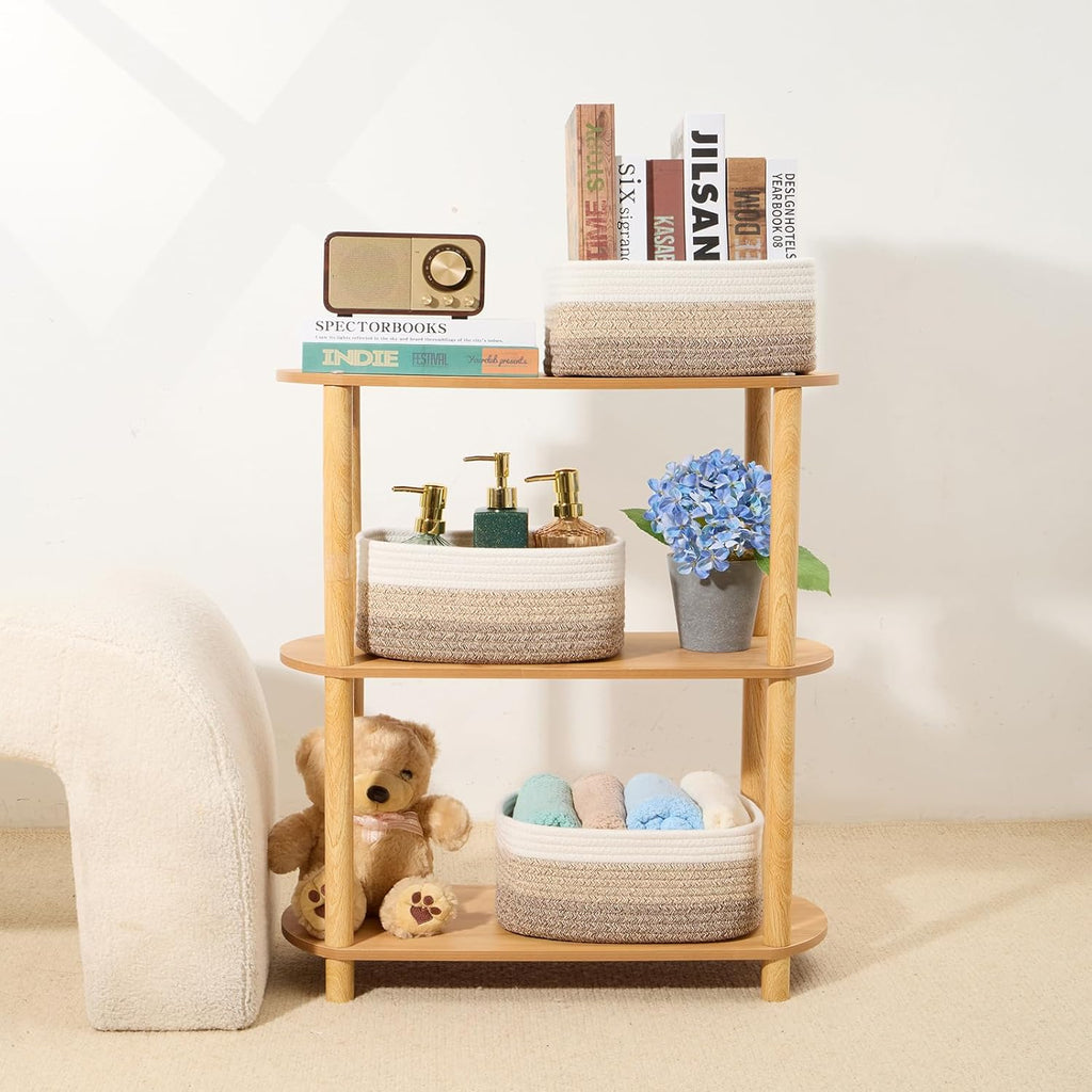 Small Storage Baskets for Organizing | Closet Organizer Bins | Shelf Toy Basket | Woven Rope Baskets | Cube Decorative Box | Shallow Basket |11.5x7.5x4.7”| 3 Packs Gradient Brown