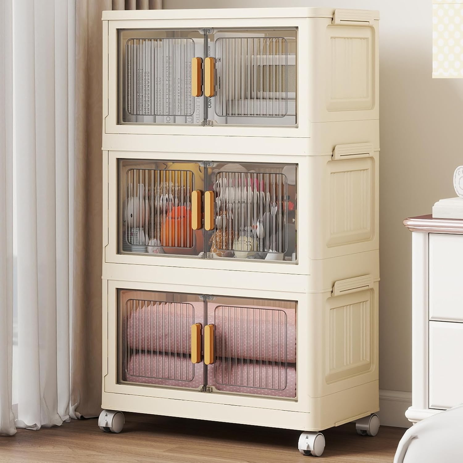 3 Tier Stackable Plastic Storage Bins with Lids 28QT, Collapsible Closet Organizers and Storage with Wheels for Living Room,Office,Dorm