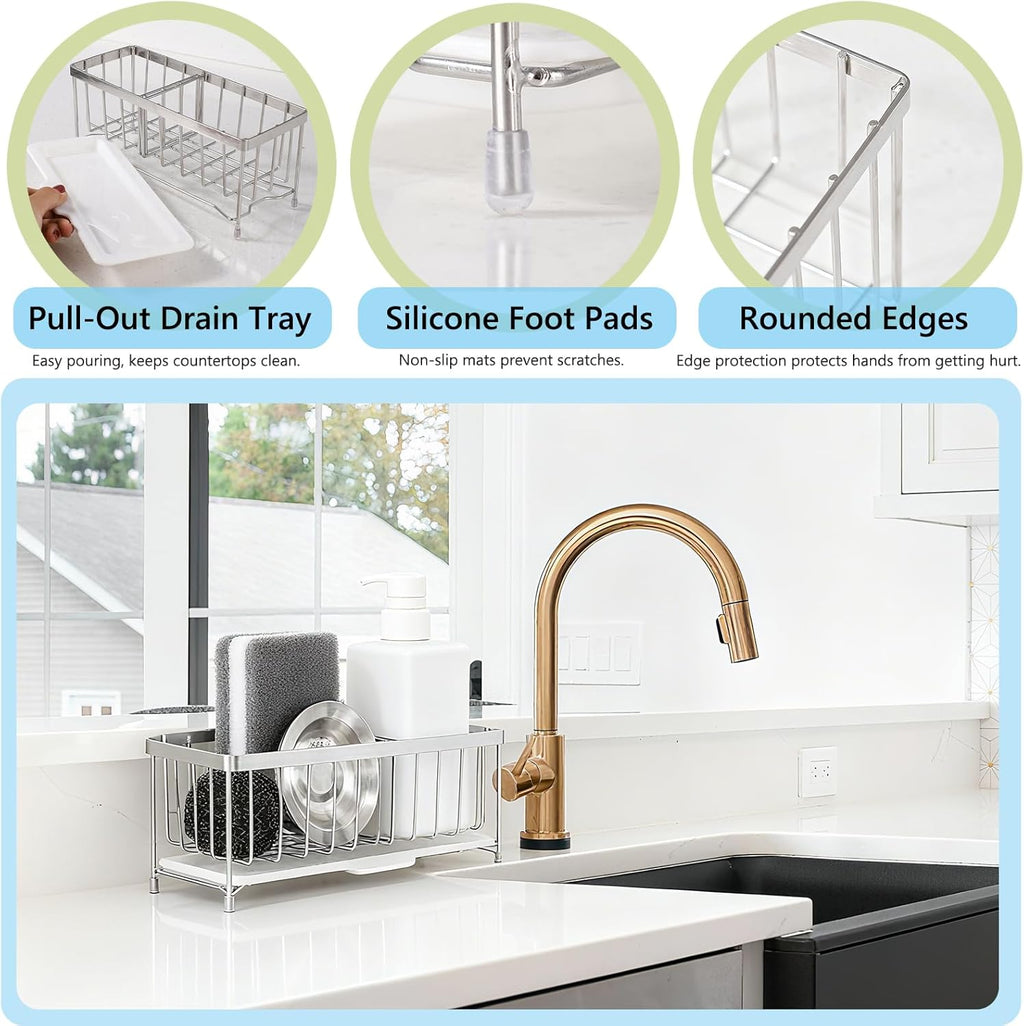 Kavciva Sink Caddy Sponge Holder,304 Stainless Steel Dish Brush Holder,Kitchen Countertop Sink Rack,Dish Soap Holder,Dishwashing Tool Drying Tray with Adjustable Partitions,Essential Kitchen Shelves