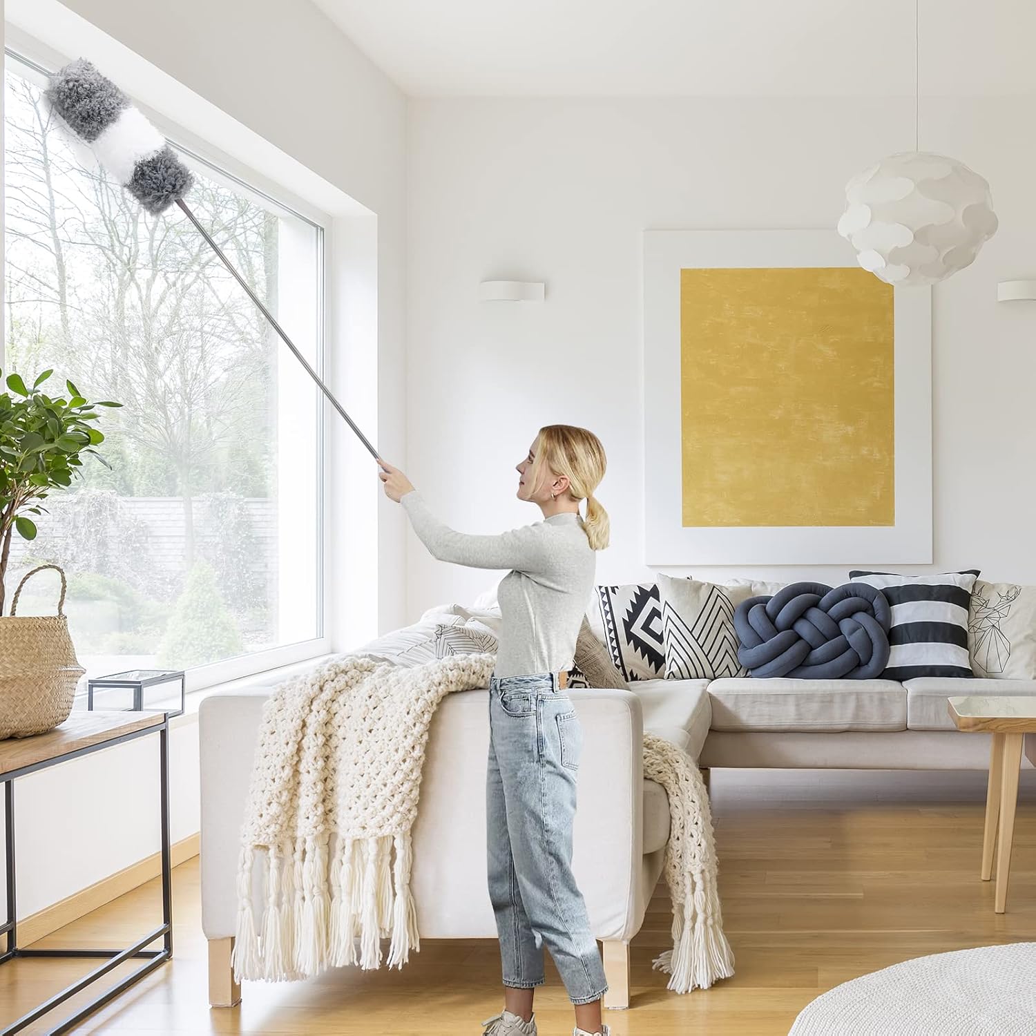 Microfiber Duster for Cleaning Fan, High Ceiling, Blinds, Furniture, Cars , 9PCS Extendable Feather Duster (Stainless Steel) 30 to 100 Inches, Reusable Bendable Washable