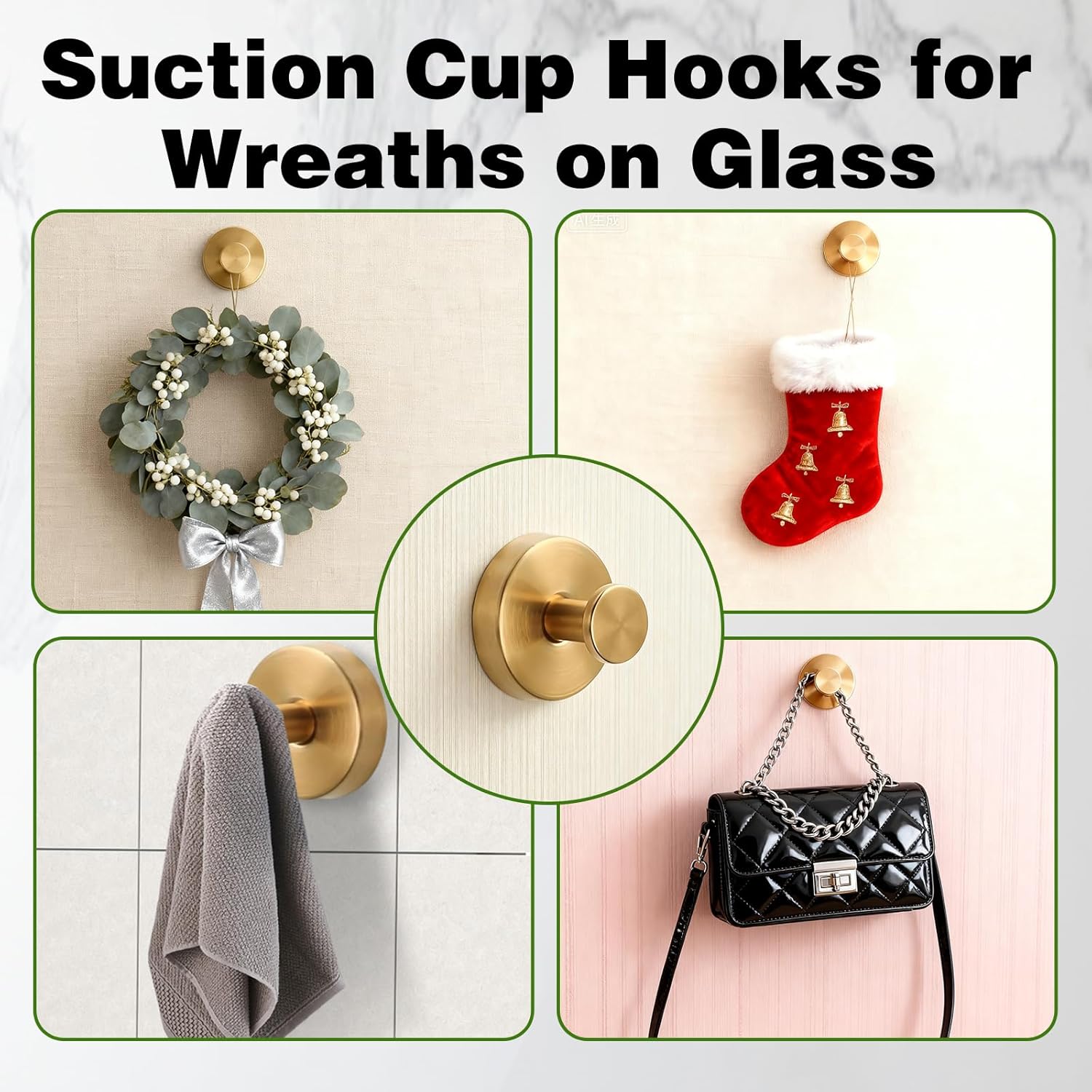 Suction Cup Hooks for Wreaths on Glass, 2025 New No Drill Suction Cup Hooks (2PCS-Black)
