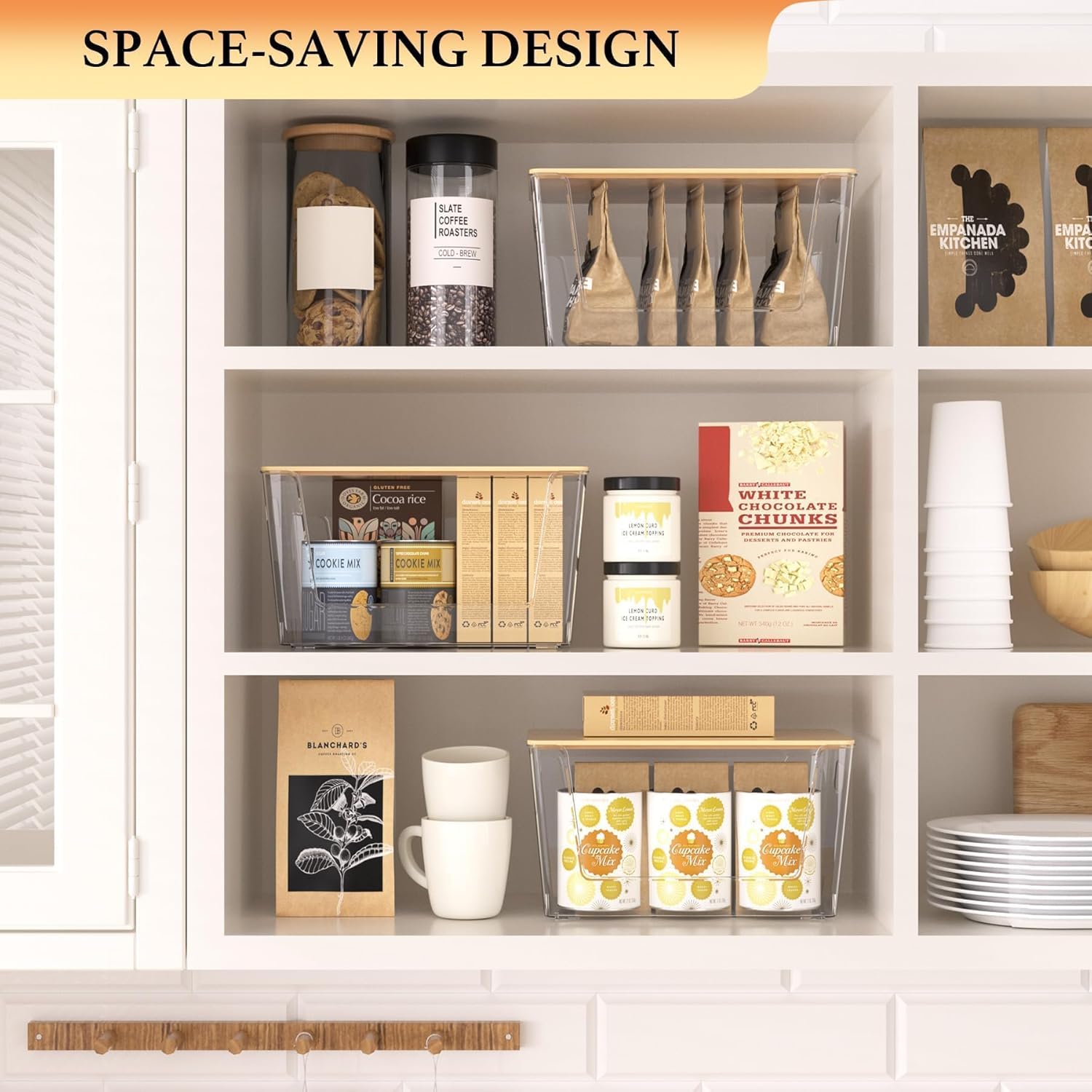 2 Set Pantry Organizers and Storage - Kitchen Organizer with Bamboo Lid for Fruit, Onion, Potato, Vegetable - Clear Stackable Bins for Kitchen Cabinet, Refrigerator, Home Organization