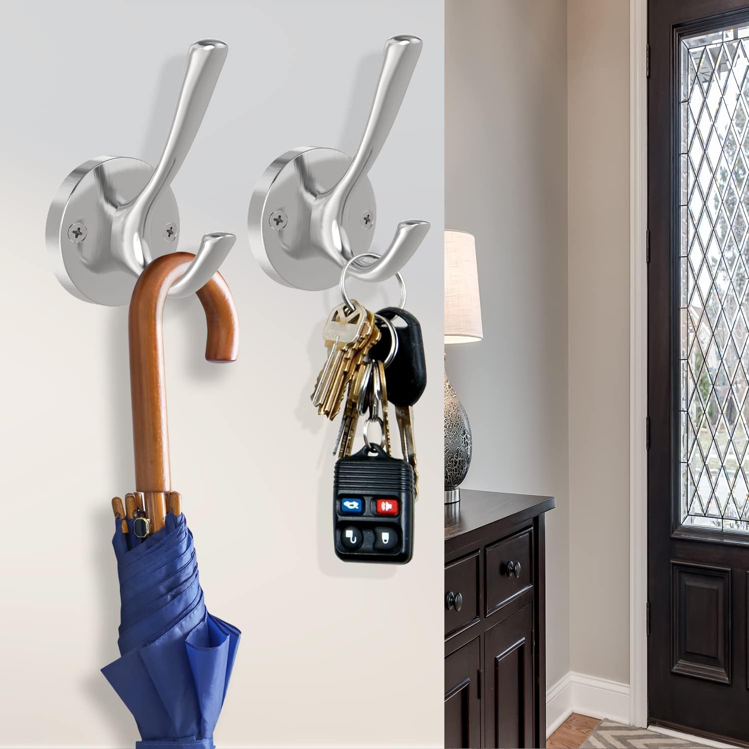 Brushed Nickel Wall Hooks Towel Hooks, 2 Pack Coat Robe Hook Heavy Duty Bathroom Double Hook Wall Mounted, Hand Towel Hooks for Closet Entryway Cubicle Kitchen