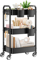 YASONIC 3 Tier Rolling Cart - Metal Utility Cart with Wheels, Hanging Cups, Hooks, Heavy Duty Mesh Rolling Storage Cart Organizer, Craft Cart for Kitchen Office, Lightweight and Sturdy