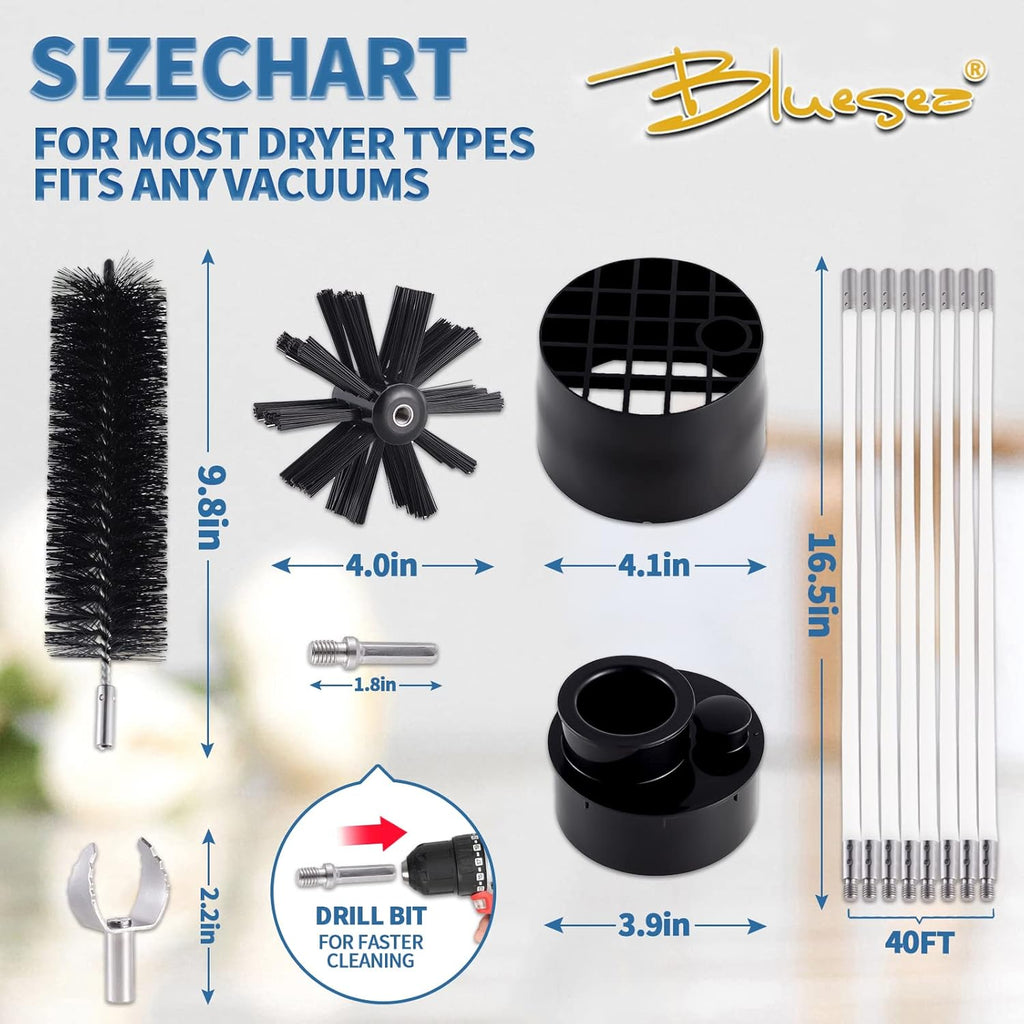 Bluesea 7 Pieces 40 Feet Dryer Vent Cleaner Kit, Reinforced Nylon Dryer Vent Cleaning Kit, Durable Dryer Vent Brush Vacuum Attachment with Flexible Lint Trap Brush, Vacuum & Dryer Adapters Upgrade
