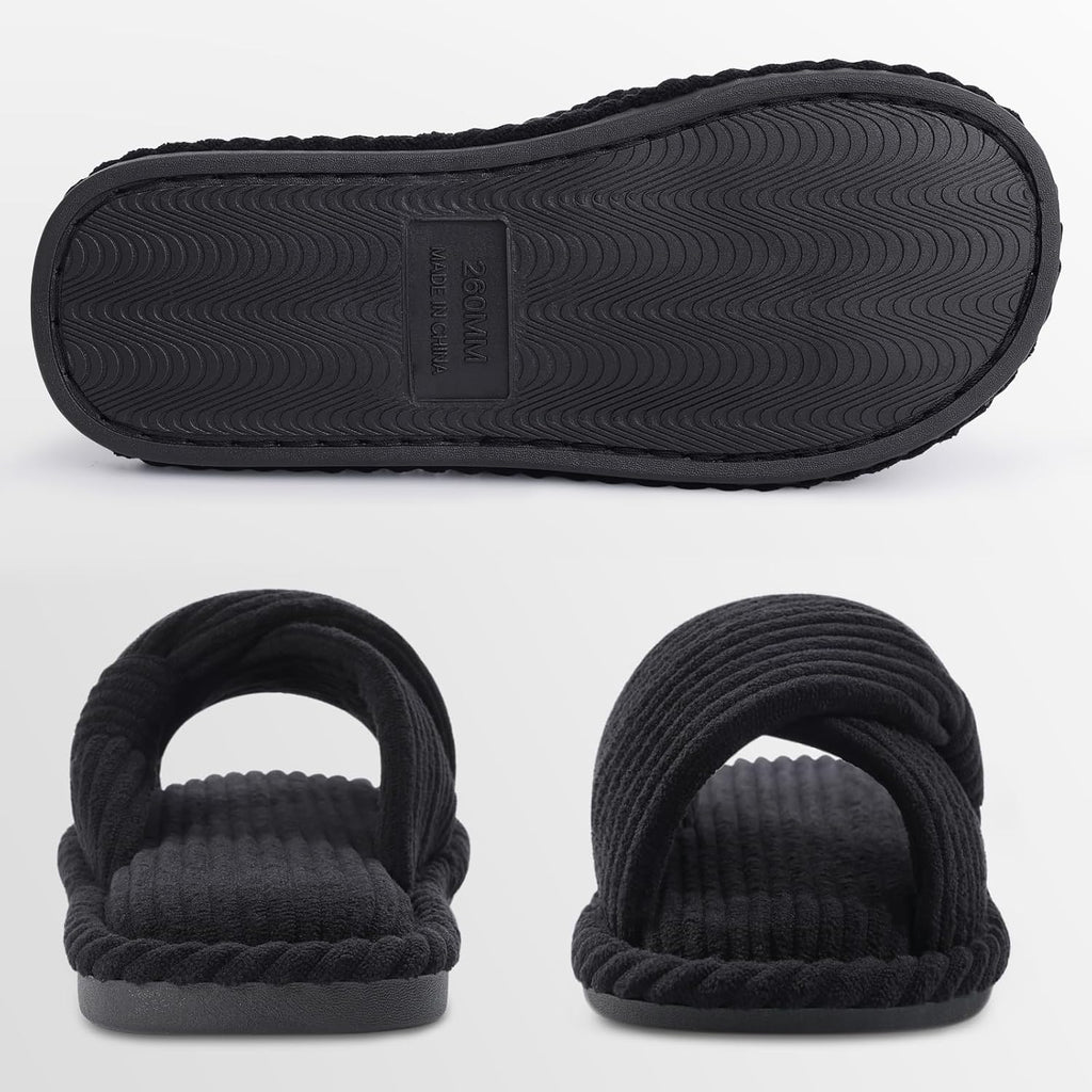 Evshine Summer House Slippers for Women Corduroy Cross Bow Indoor Slippers Open Toe Slip On Bedroom Shoes with Memory Foam