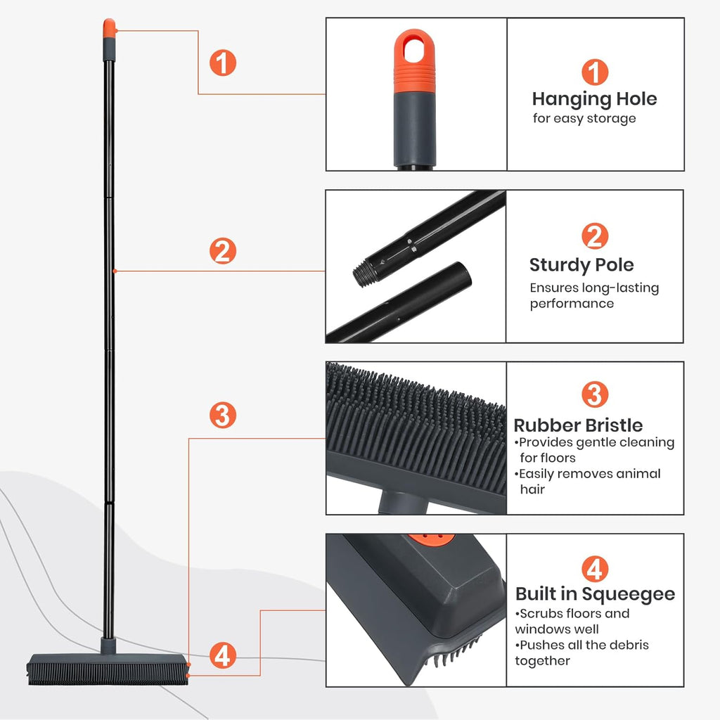 MAVRIZ Rubber Broom Carpet Rake for Pet Hair Removal, Pet Hair Broom for Hardwood Floor, Fur Remover with Squeegee