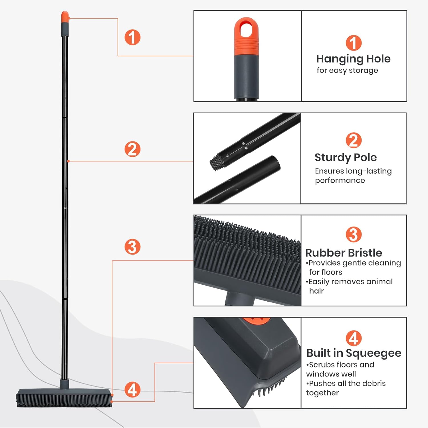MAVRIZ Rubber Broom Carpet Rake for Pet Hair Removal, Pet Hair Broom for Hardwood Floor, Fur Remover with Squeegee