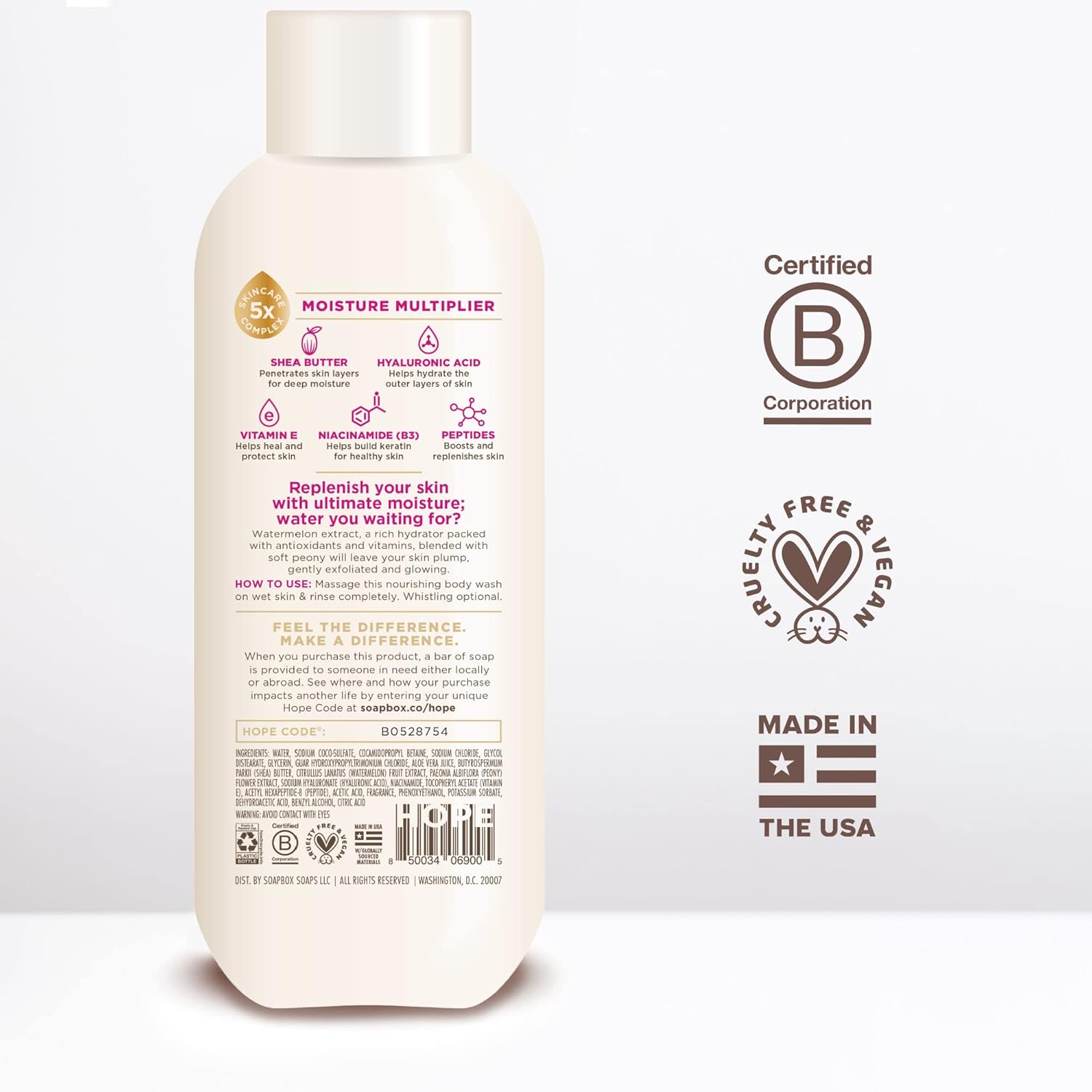 Soapbox Body Wash, Watermelon + Peony Body Wash for Women, Men, Vegan & Antioxidant Rich, Exfoliating, Moisturizing Soap with Shea Butter, Peptides & Keratin Promoting B3, 3 Pack, 20oz Each