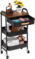 AGTEK Movable Rolling Organizer Cart with Drawer, 3 Tier Metal Utility Cart with Hanging Cups, Drawer with Leather Handle, Mobile Trolley Cart for Home & Office, Black