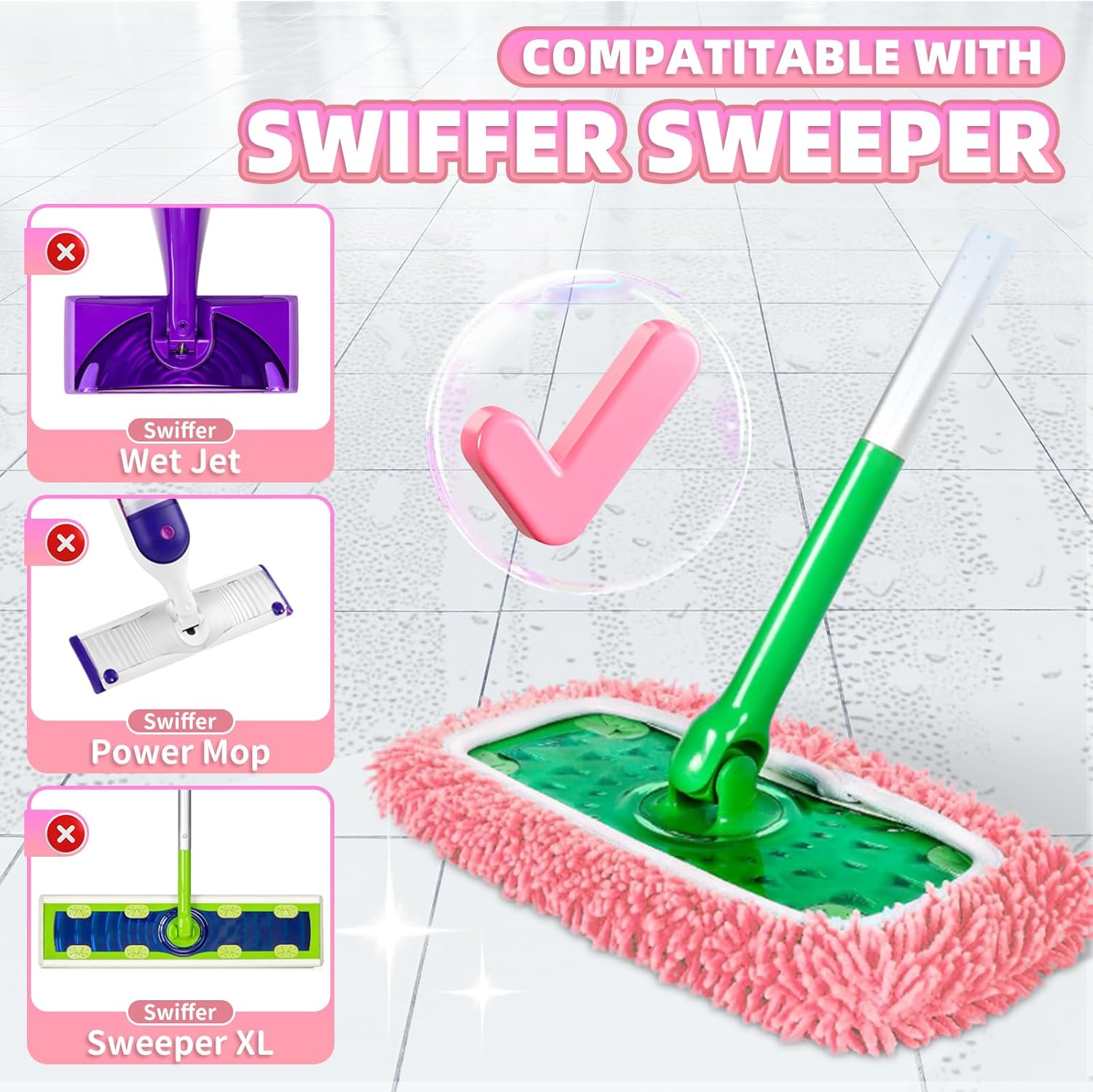 4 Pack Reusable Mop Pads Compatible with Swiffer Sweeper, Microfiber Chenille Washable Swiffer Mop Pads, Dry & Wet Sweeping Mopping Cloths (Pink)