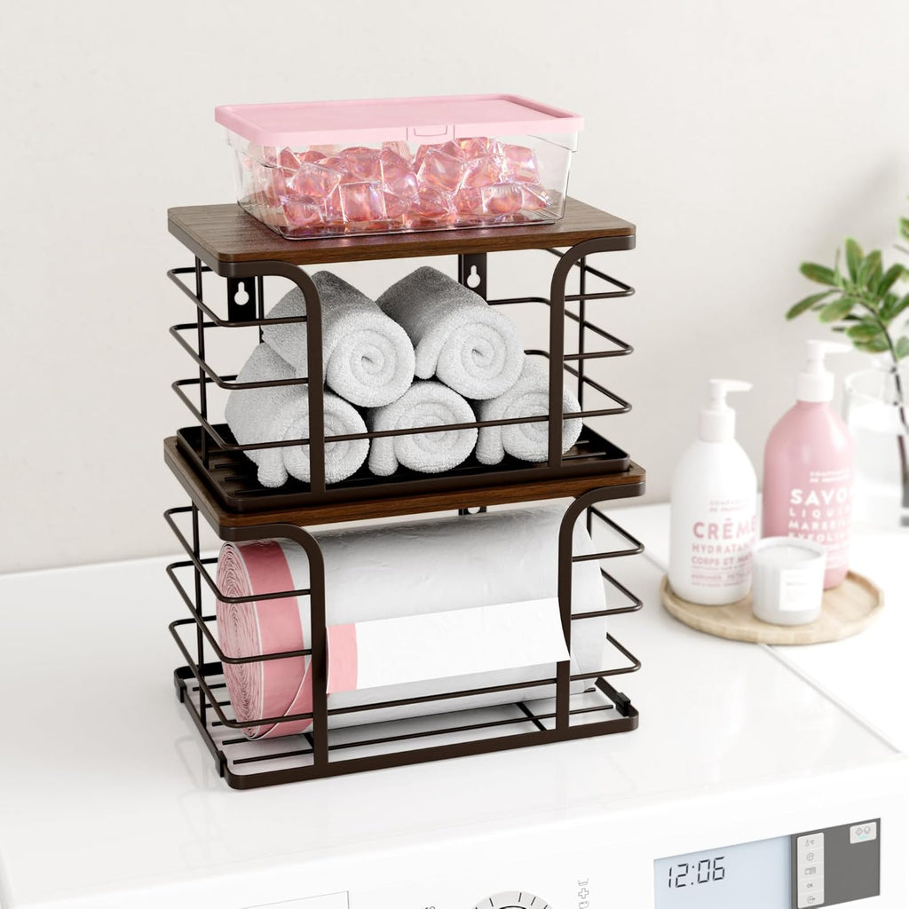 2 Pack Extra Large Pantry Baskets with Bamboo Top,Stainless Steel Trash Bag Dispenser for Kitchen Sink and Laundry Room Organization,Brown