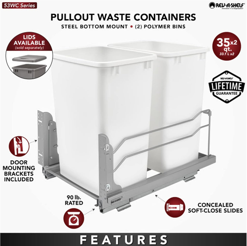 Rev-A-Shelf Double Trash Can Under Kitchen Cabinets Pullout, 35 Quart 8.75 Gallon with Soft-Close Slides, White, 53WC-1835SCDM-211