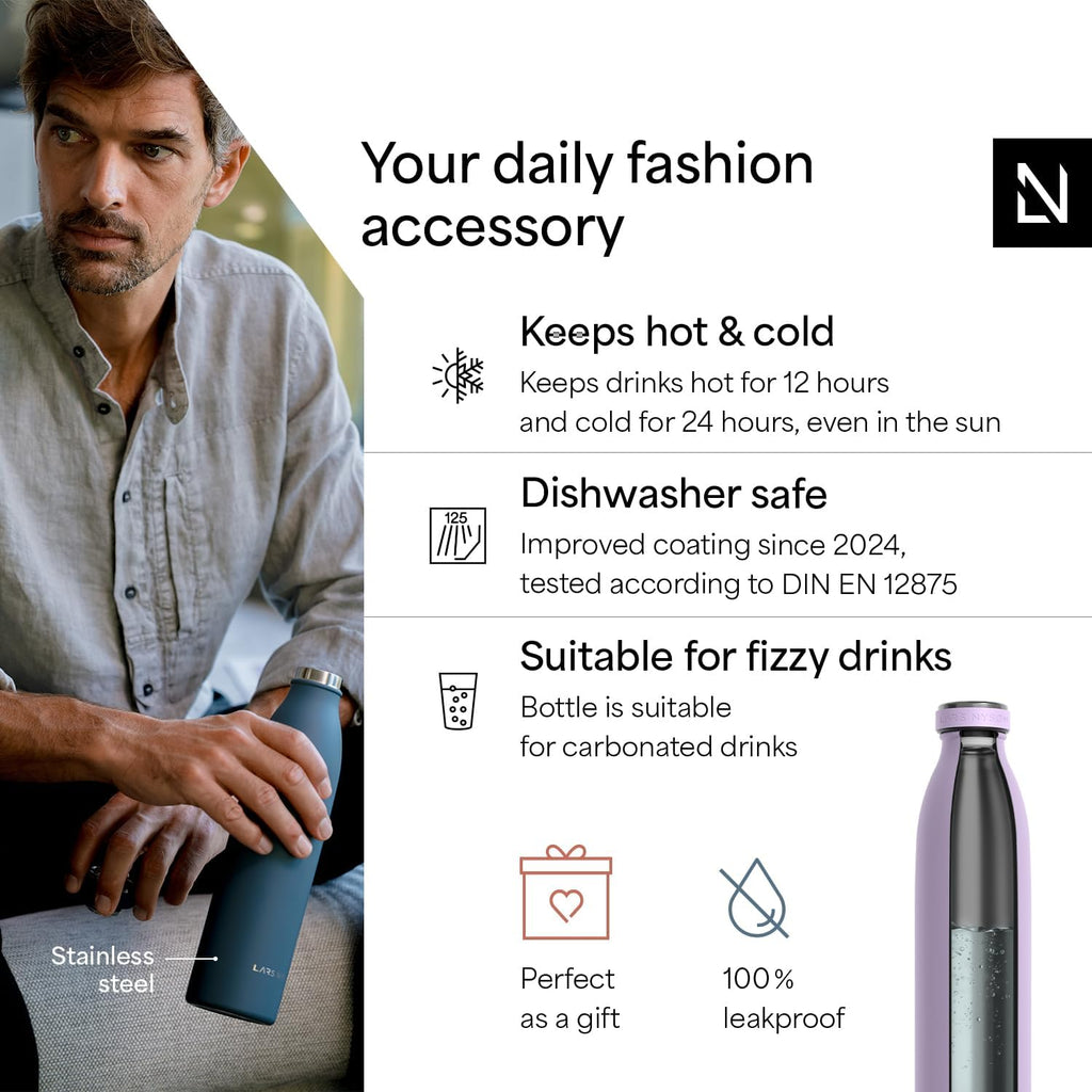 LARS NYSØM Stainless Steel Insulated Water Bottle 12oz 17oz 25oz 34oz 51oz | Insulated Thermo Flask for Hot and Cold Beverages | Leakproof Drinking Bottle (Lavender Purple, 33.9oz)