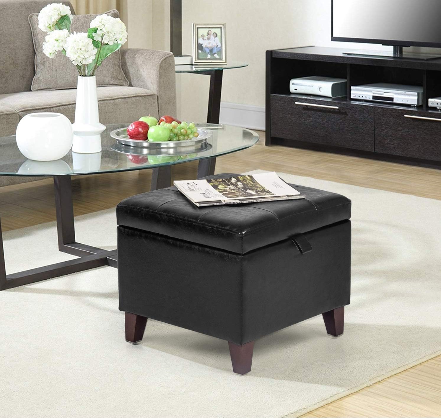 Adeco Storage Ottoman Foot Rest Stool, Leather Ottoman Footstool with Solid Wood Legs and Hinged Lid, 17.7" Small Foot Stool for Living Room, Bedroom