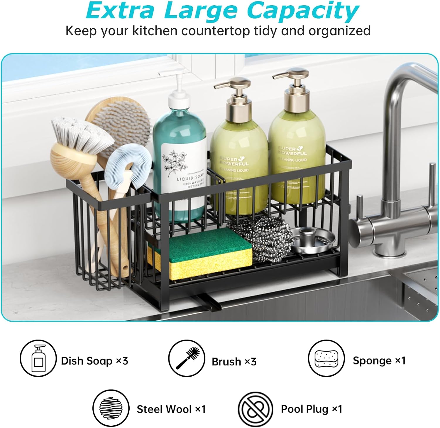 Sponge Holder for Kitchen Sink, 2 Tier Sink Caddy Organizer Countertop with Dish Brush Holder and 360° Drain Tray, Rustproof Stainless Steel Dish Soap Storage Rack Set for Accessories