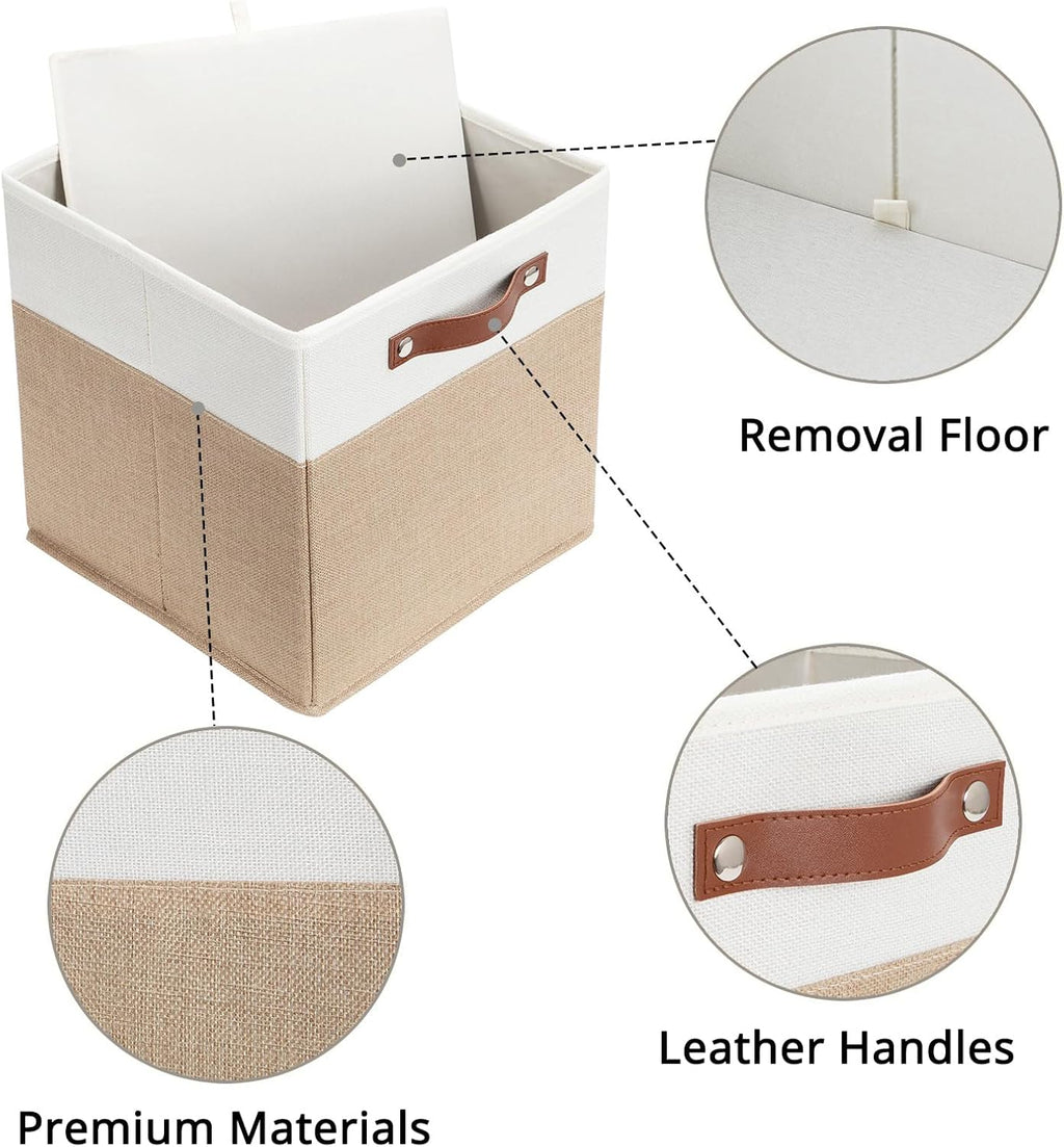 HNZIGE Fabric Storage Baskets Cubes Bins for Shelves, 11 x11 Foldable Storage Bins, Decorative Storage Basket with Leather Handles for Storage Clothes Home Nursery(White Beige-4Pack)