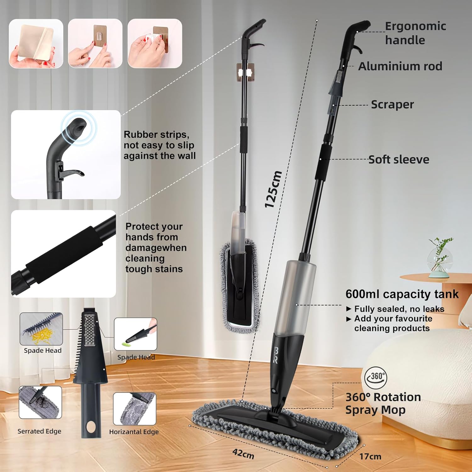 Microfiber Spray Mop for Floors Dry and Wet Mop with Dusting 360 Rotation for Kitchen, Hardwood, Laminate, Tile Floors Includes 6 Refill Heads, Scraper, Holder & Spray Bottle