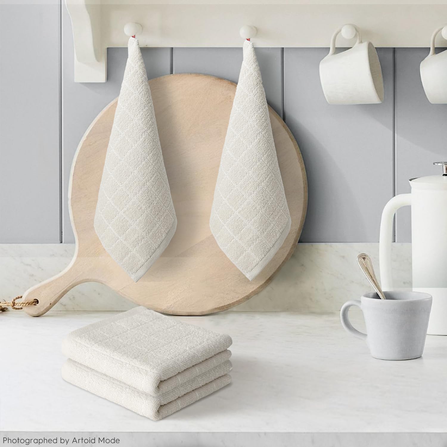 Artoid Mode Checkered Designed Cotton Beige Terry Kitchen Dish Cloths, 12x12 Inch Soft Absorbent Quick Drying Cleaning Kitchen Rags Set of 6