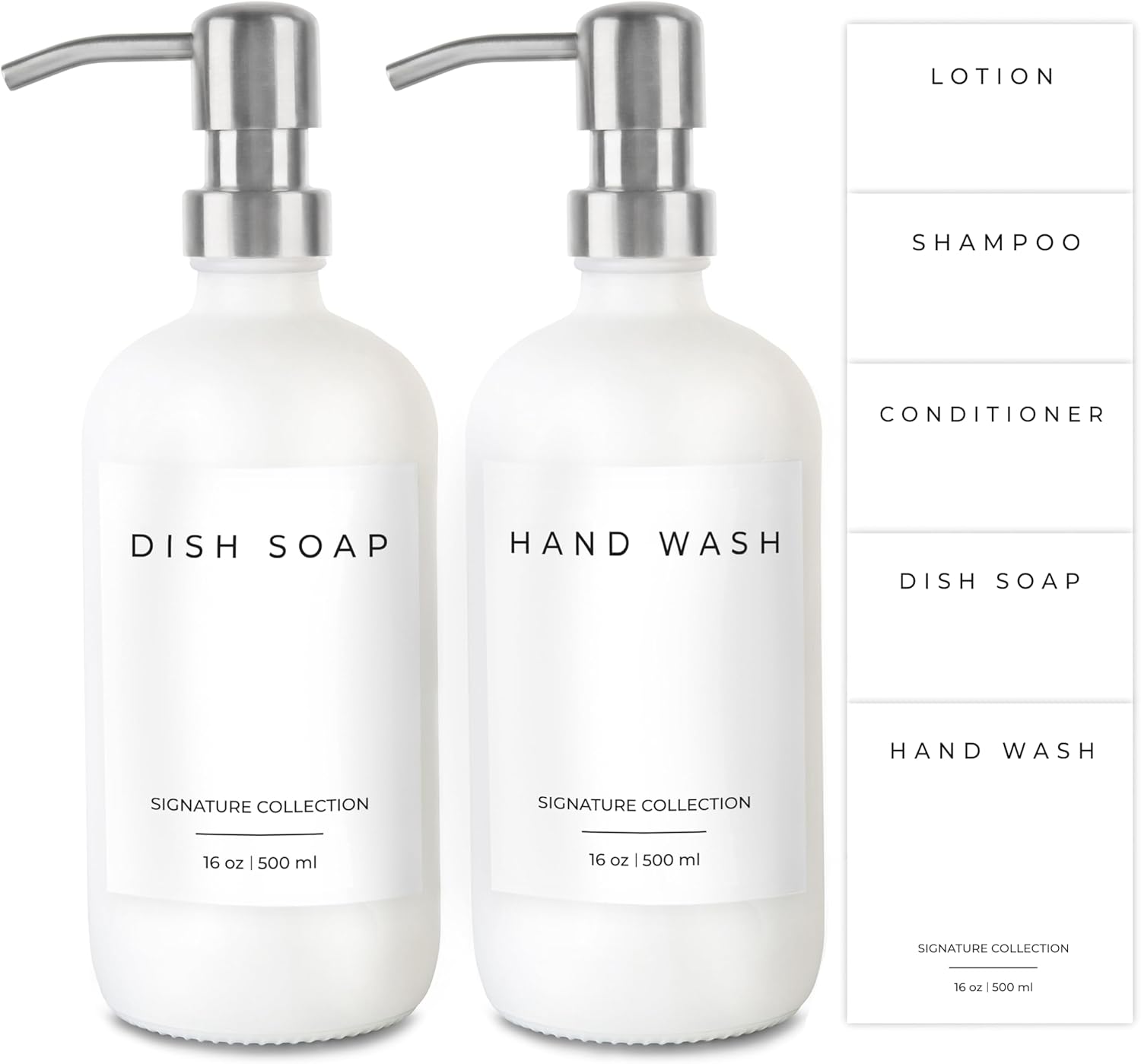 Emerson Essentials Soap Dispenser, Dish Soap for Kitchen - Hand Dispenser Bathroom Set, Kitchen Set Glass Soap Bottles with Pump and Labels, 16 Oz, 2 Pack