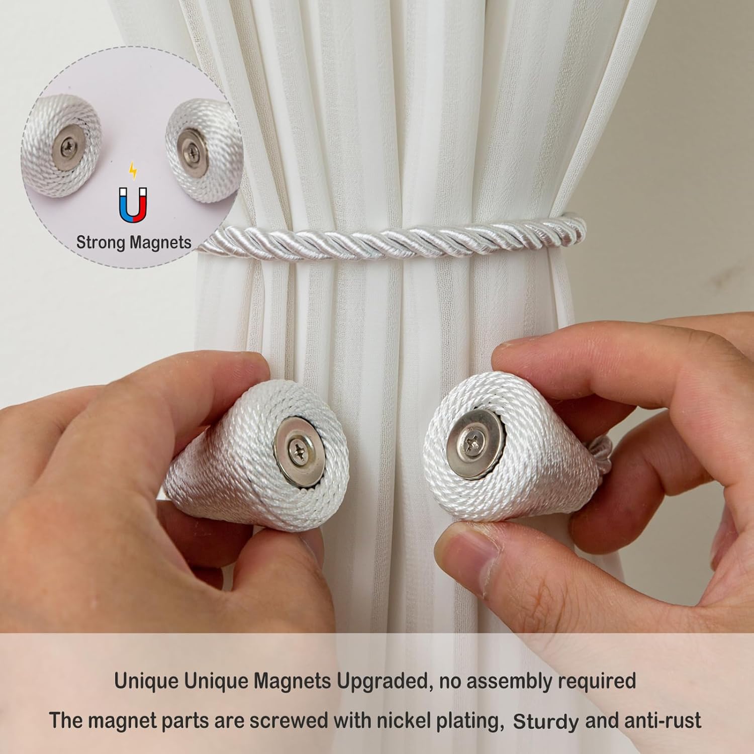 Magnetic Curtain Tiebacks 8 Pack Outdoor Rope Curtain Tie Backs Decorative Window Treatment Holdbacks for Home Decorative Curtain, White