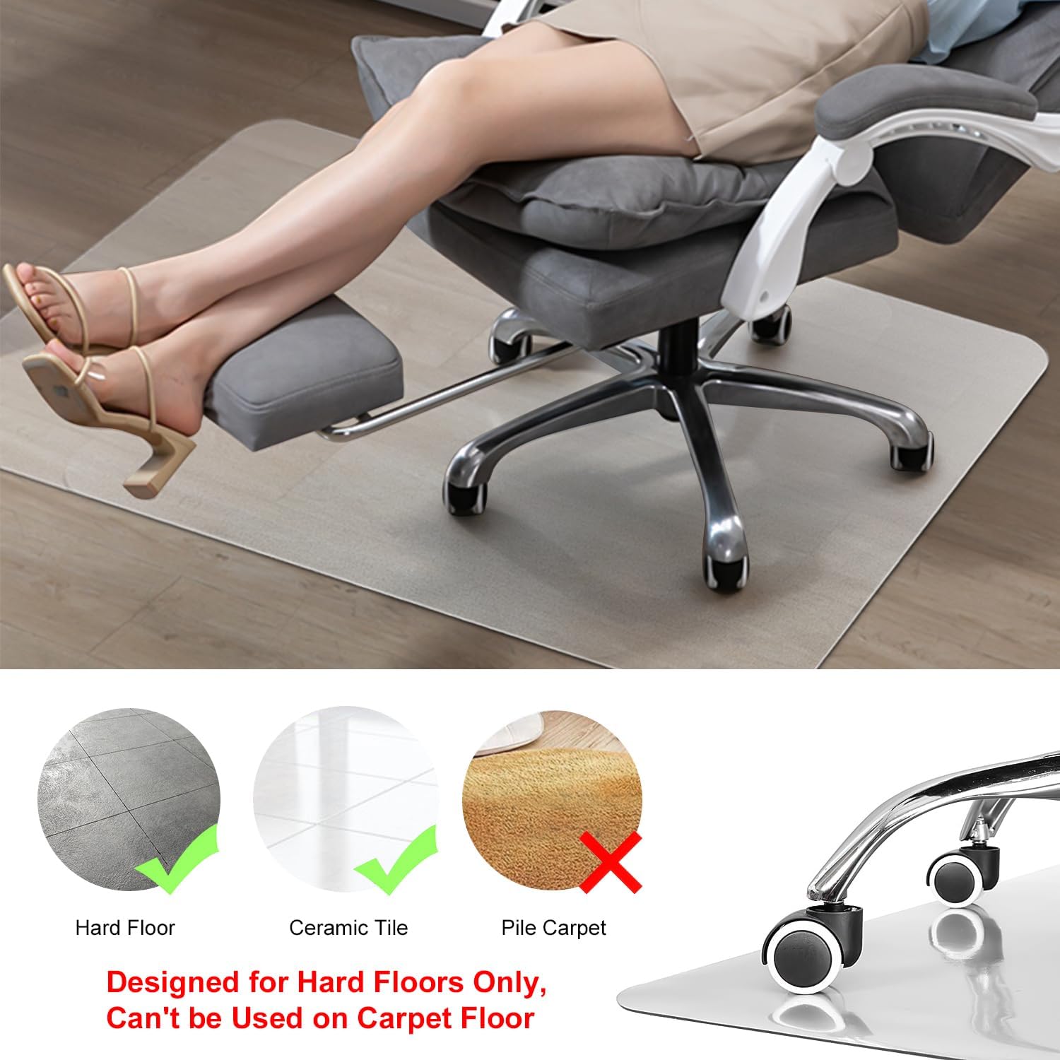 Kuyal Chair Mat for Hardwood Floor,46 x 46 inches Rectangle Desk Durable Wood/Tile Protection Mat for Rolling Chairs, Non-Studded Bottom