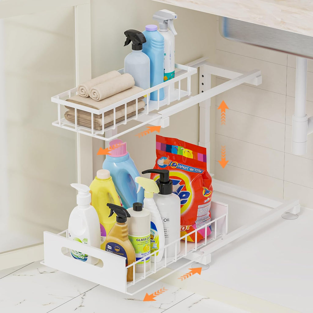 Under Sink Organizer Storage 2-Tier Heavy Duty Metal Pull Out Cabinet Organizer Slide Out Sink Shelf Organizer Height Adjustable, Multi-Purpose Storage Shelf for Kitchen Bathroom (White, 1 Pack)