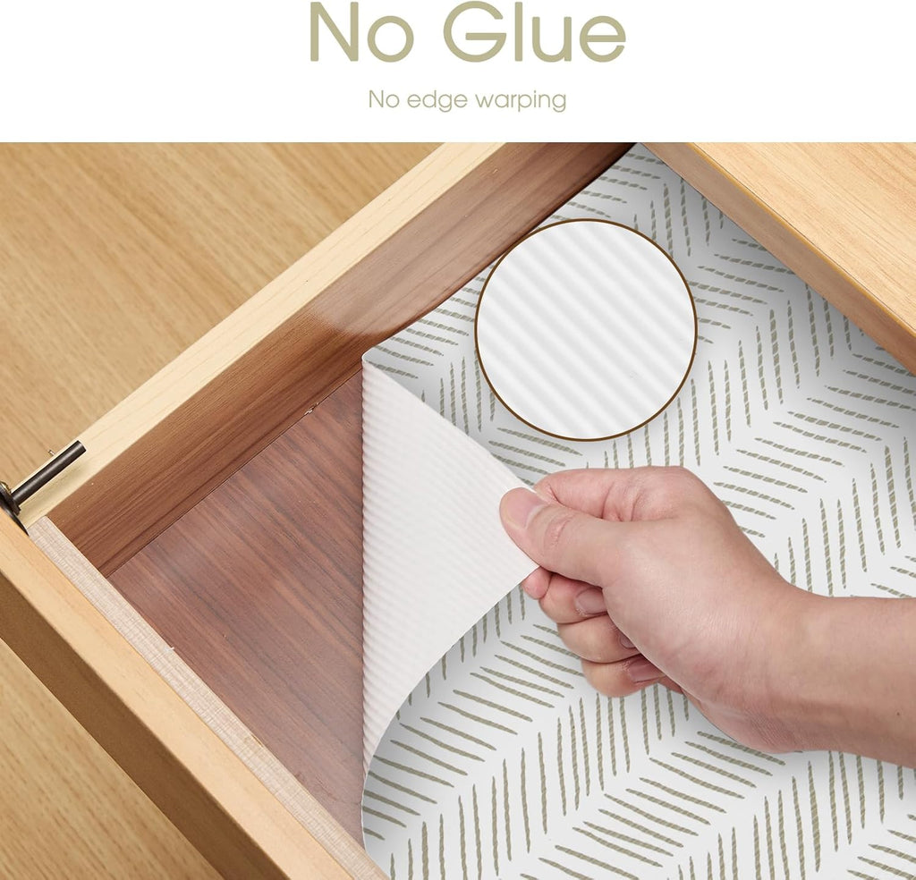 Glotoch Shelf Liners for Kitchen Cabinets, 12in x 20FT Non-Adhesive Liners for Shelves,Non Slip Waterproof Contact Paper for Drawers Pantry EVA Wire Shelf, White and Beige Herringbone