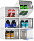 X-Large Stackable Shoe Boxes - Clear Plastic Shoe Storage Boxes with Magnetic Door, Thicken Shoe Organizer for Closet, Space Saving Foldable Shoe Containers Bins for Sneaker Boot - 6 Pack(White)