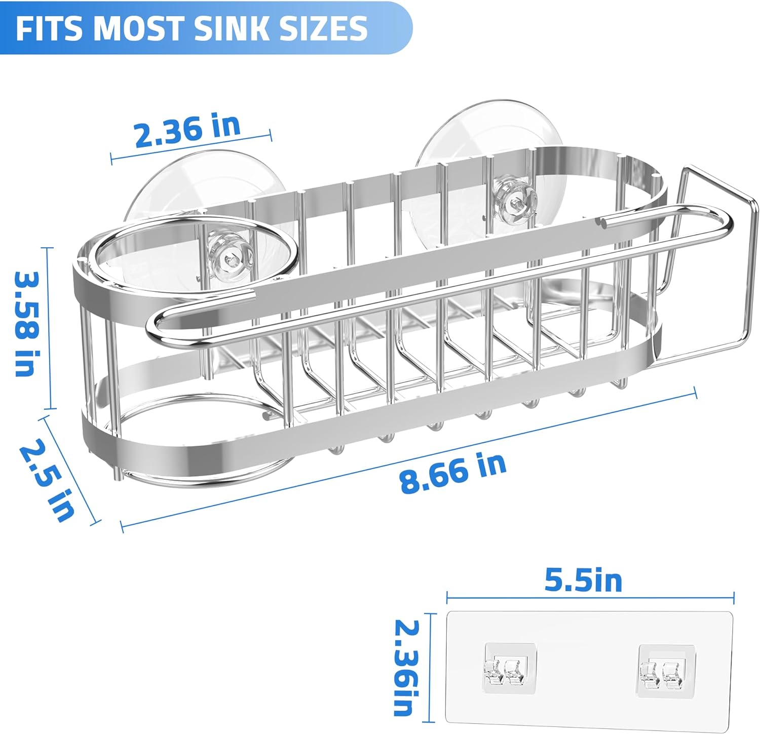 Cisily Kitchen Sink Caddy Sponge Holder in The Sink, Stainless Steel Kitchen Sink Organizer, Brush Holder, Dish Cloth Hanger, Sink Stopper Holder with 2 Installation Ways (Suction & Adhesives, Silver