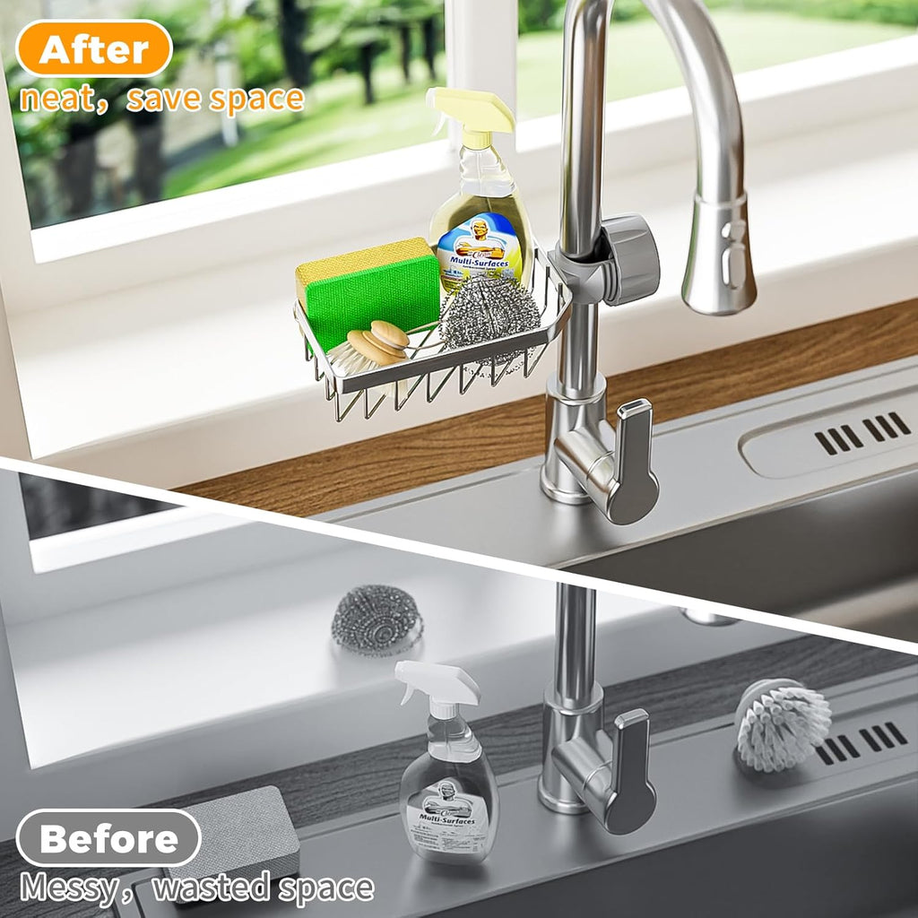 LONIN Sponge Holder Over Faucet Kitchen Sink Caddy Organizer, Stainless Steel Detachable Hanging Faucet Drain Rack for Bathroom, Scrubbers, Soap