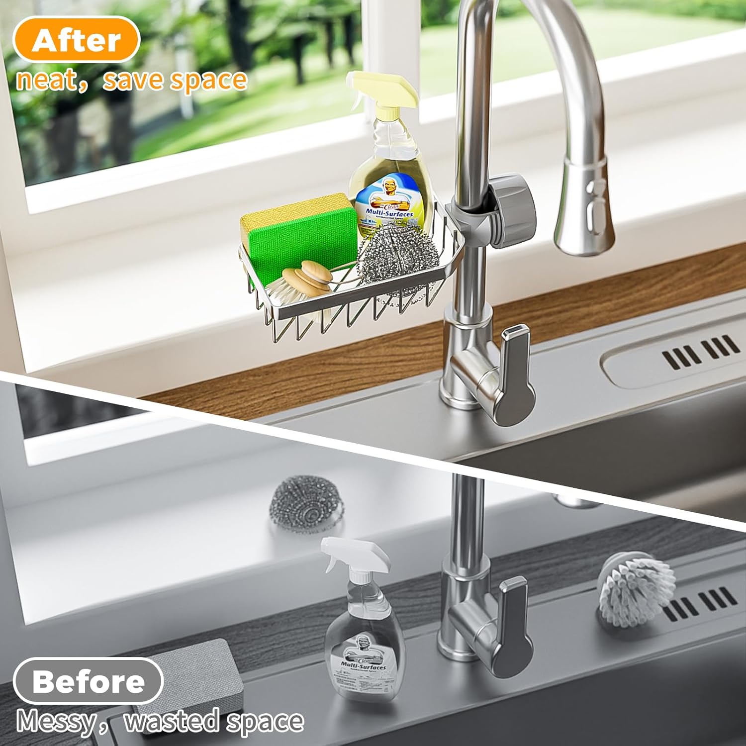 LONIN Sponge Holder Over Faucet Kitchen Sink Caddy Organizer, Stainless Steel Detachable Hanging Faucet Drain Rack for Bathroom, Scrubbers, Soap, (Black)
