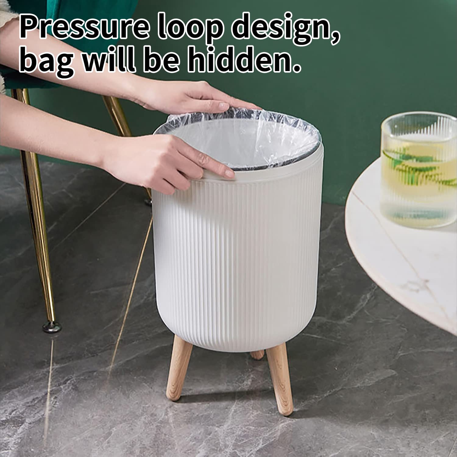 Trash Can With Lid for Bathroom, 2 Gallon/10 Liter Round Garbage Bin With Press Top, Plastic Modern Wastebasket With Soft Close, Container for Bedroom, Living Room, Office (White)