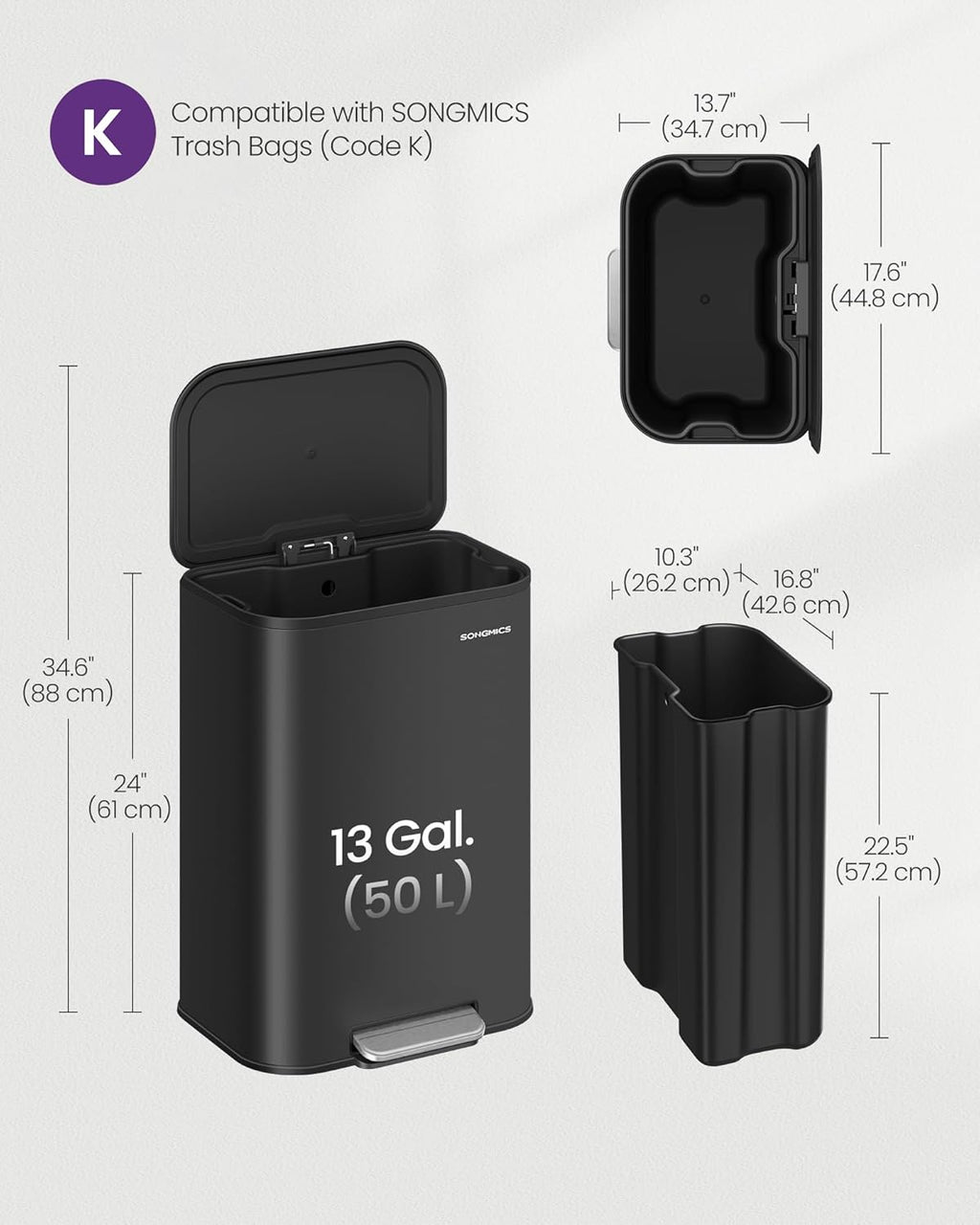 SONGMICS Kitchen Trash Can, 13-Gallon (50 L) Garbage Can with Lid, Stainless Steel, Soft Close and Stays Open, Inner Bucket, Wide Non-Slip Pedal, Ink Black ULTB547B01