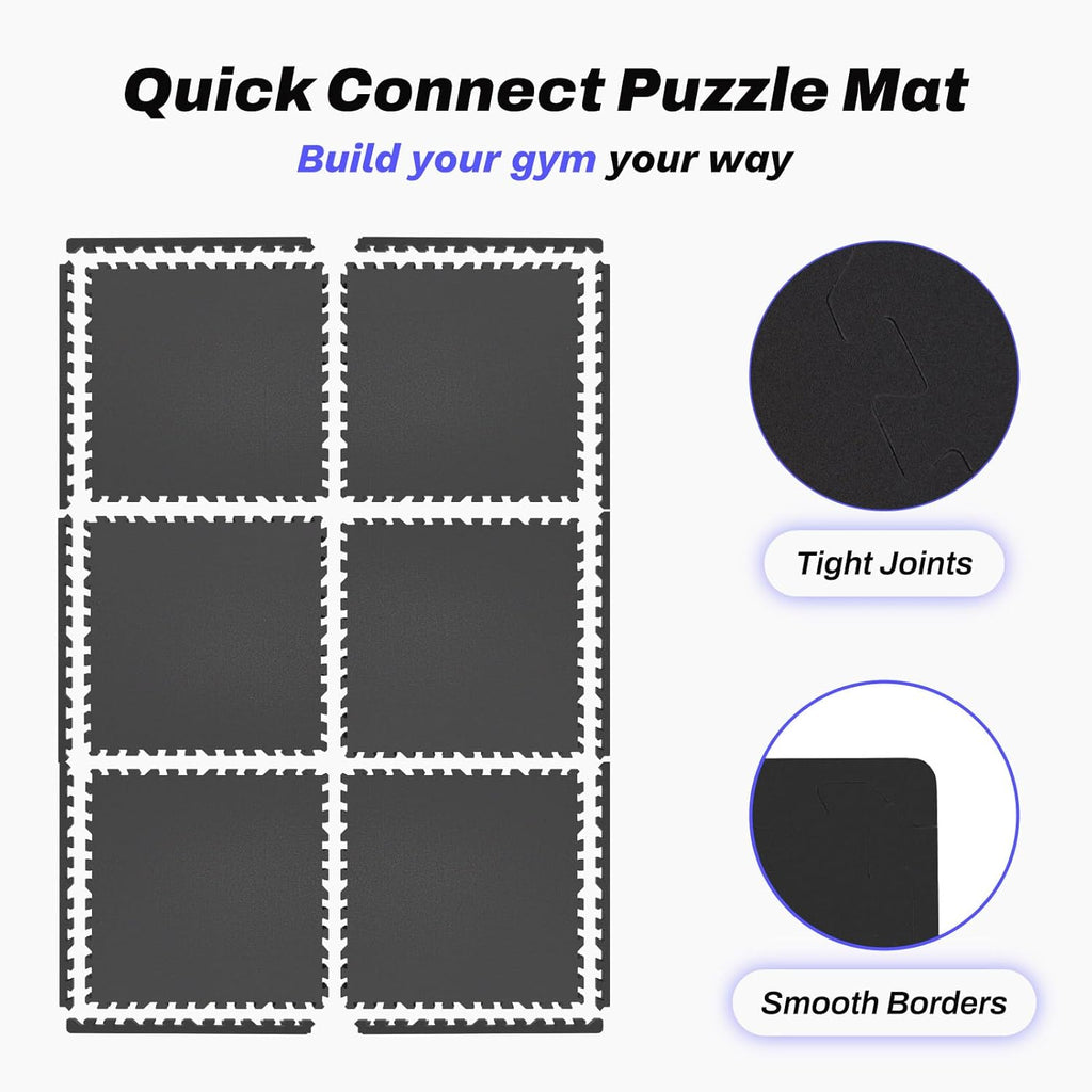 AIRHOP 0.56in Thick 24 Sq Ft Exercise Equipment Mats, 6 Tiles Upgraded Rubber Top with High Density EVA Foam, Large Interlocking Puzzle Gym Flooring for Home Gym, Heavy Weight Workout,Black