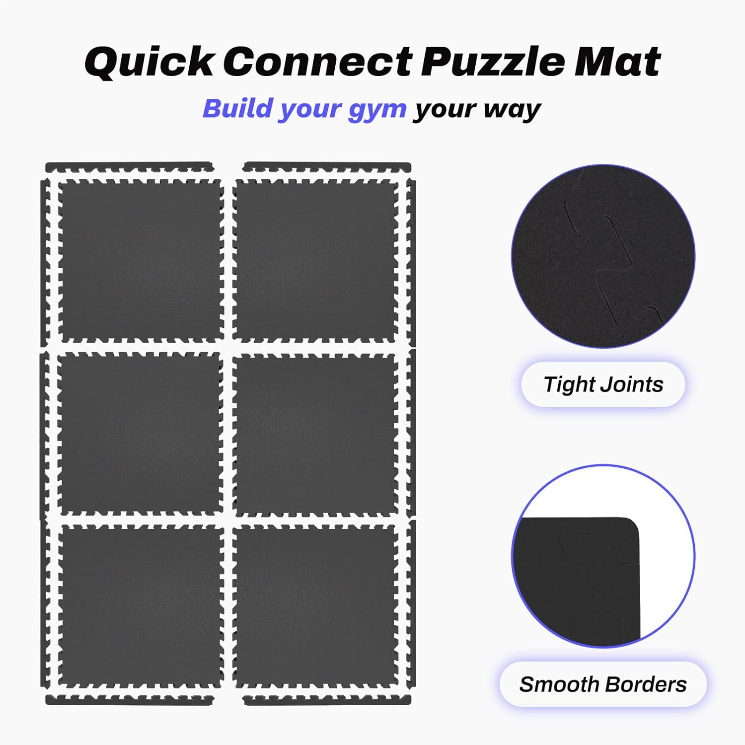 AIRHOP 0.56in Thick 24 Sq Ft Exercise Equipment Mats, 6 Tiles Upgraded Rubber Top with High Density EVA Foam, Large Interlocking Puzzle Gym Flooring for Home Gym, Heavy Weight Workout,Black