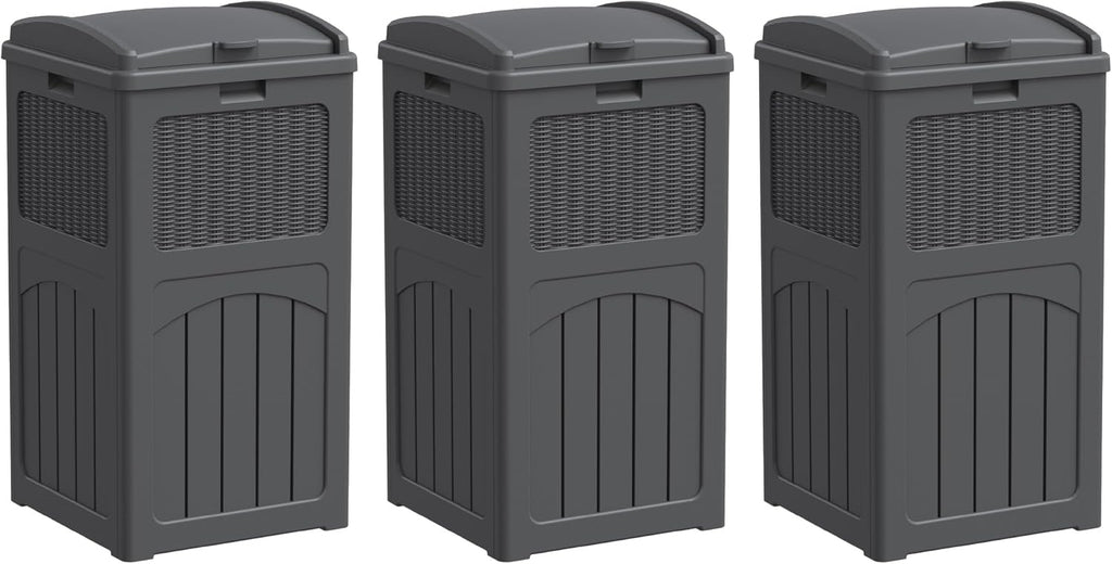 Greesum 33 Gallon Outdoor Trash Can with Lid, Waterproof Resin Garbage Bin for Hideaway, Deck, Patio, 3 Pack, Gray