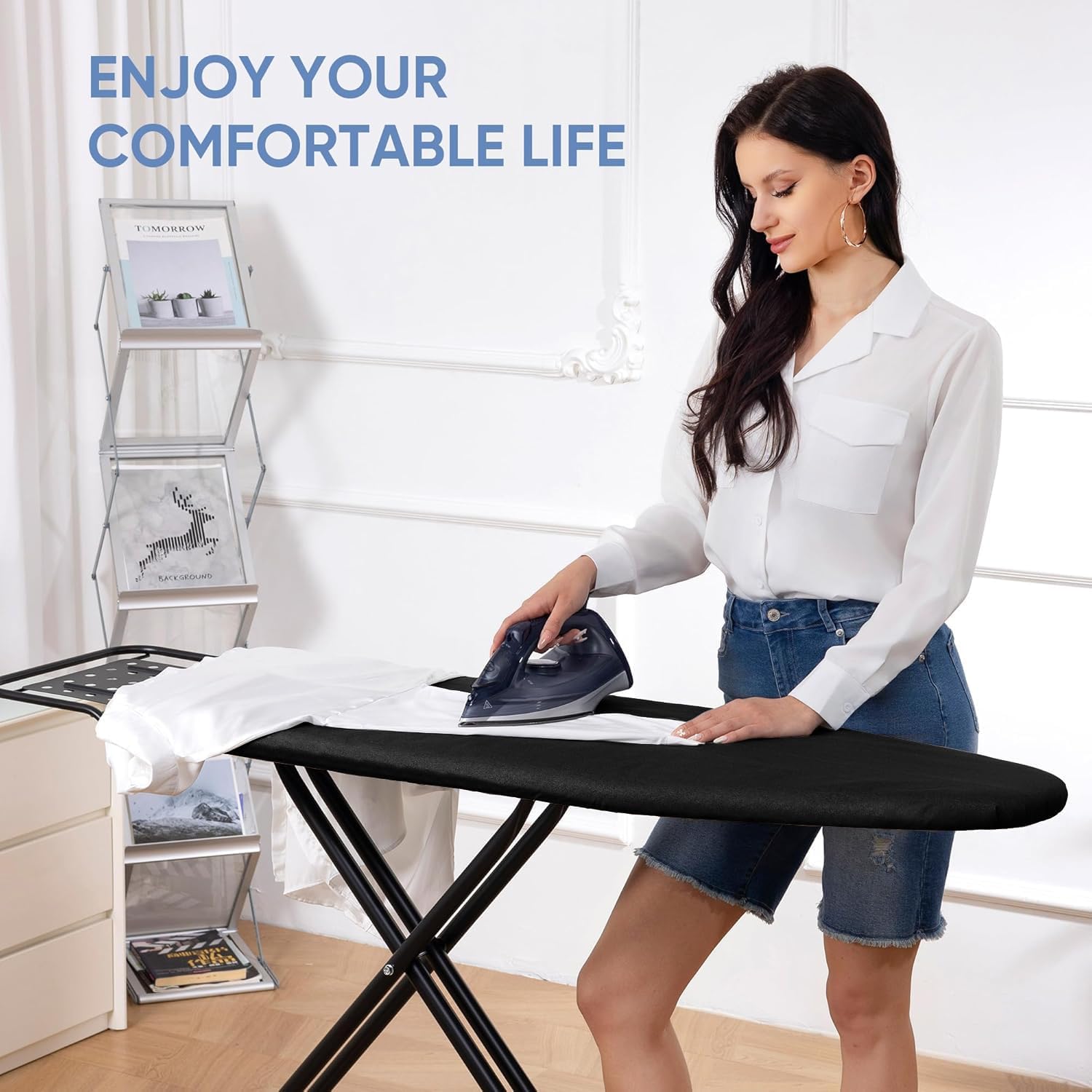 Full Size Ironing Board 47" X 15" with Heat Resistant Cover and Thicken Felt Pad, Safety Iron Rest, Anti-Skid Feet, Height Adjustable, Heavy Duty,Black