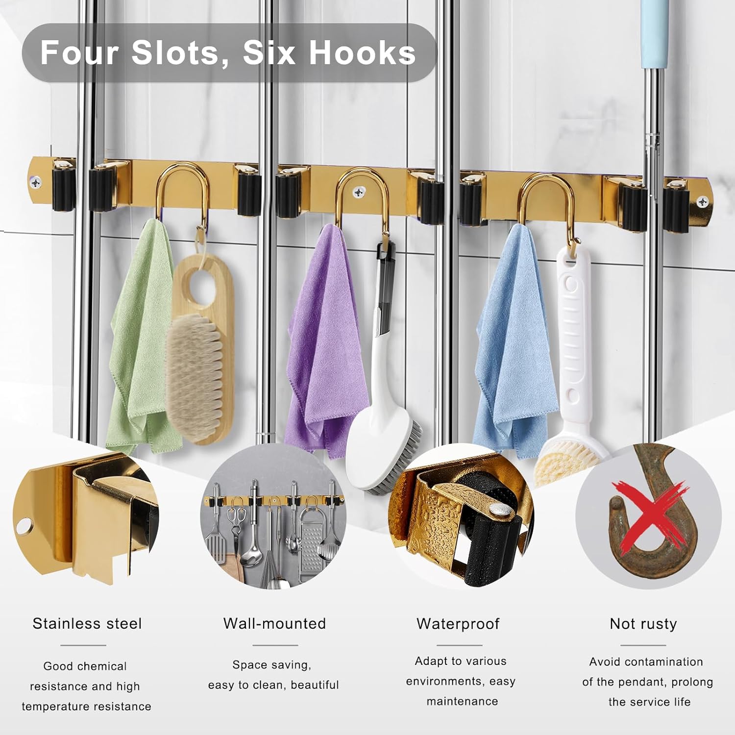 Mop Broom Holder Wall Mount, Gold Stainless Steel Tool Storage Organizer for Kitchen Garden Garage Laundry Room Bathroom and RV with 4 Slots 6 Hooks