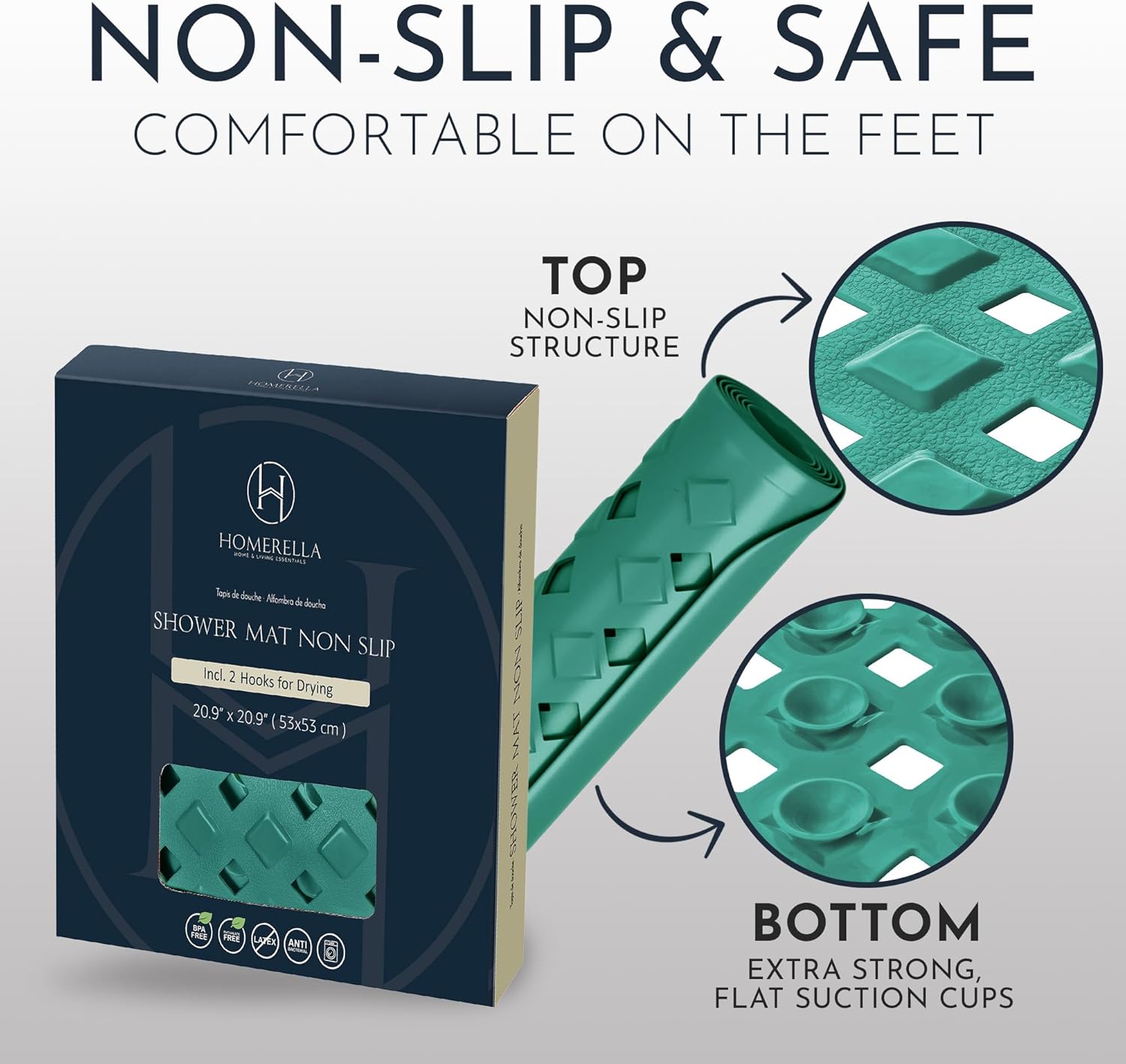Homerella Anti Slip Shower Mat | Anti Mold Non Slip Bathtub Mat for Inside Shower | Square Floor Shower Mat 21 x 21 inch with Suction Cups for Grip & Hooks Hanging and Quick Drying | Machine Washable